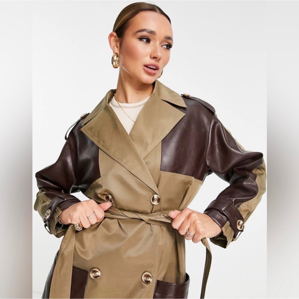 Elegant Two-Tone Trench Coat in Brown and Tan - Picture 2 of 9